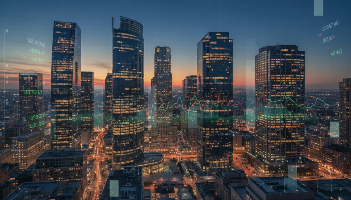 photorealistic editorial aerial view of a global financial district at dusk, skyscrapers lit up, digital stock tickers reflected on glass facades, subtle overlay of numerical data and billionaire rankings in neutral tones