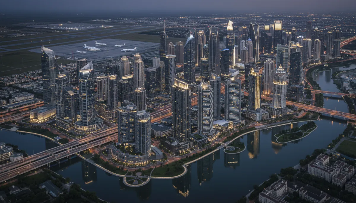 photorealistic aerial view of a modern global financial district at dusk, skyscrapers lit up, private jets on a nearby runway, subtle neutral color palette, sense of ambition and extreme wealth