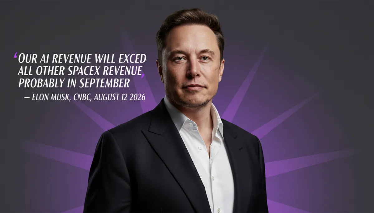 Elon Musk portrait in a clean studio setting, sharp lighting, magazine editorial style, subtle purple #7c3aed accents in background and typography, headline overlay text reading 'Our AI revenue will exceed all other SpaceX revenue probably in September' with attribution line '— Elon Musk, CNBC, August 12 2026' in elegant sans-serif, 16:9 ratio, 1200px wide or wider