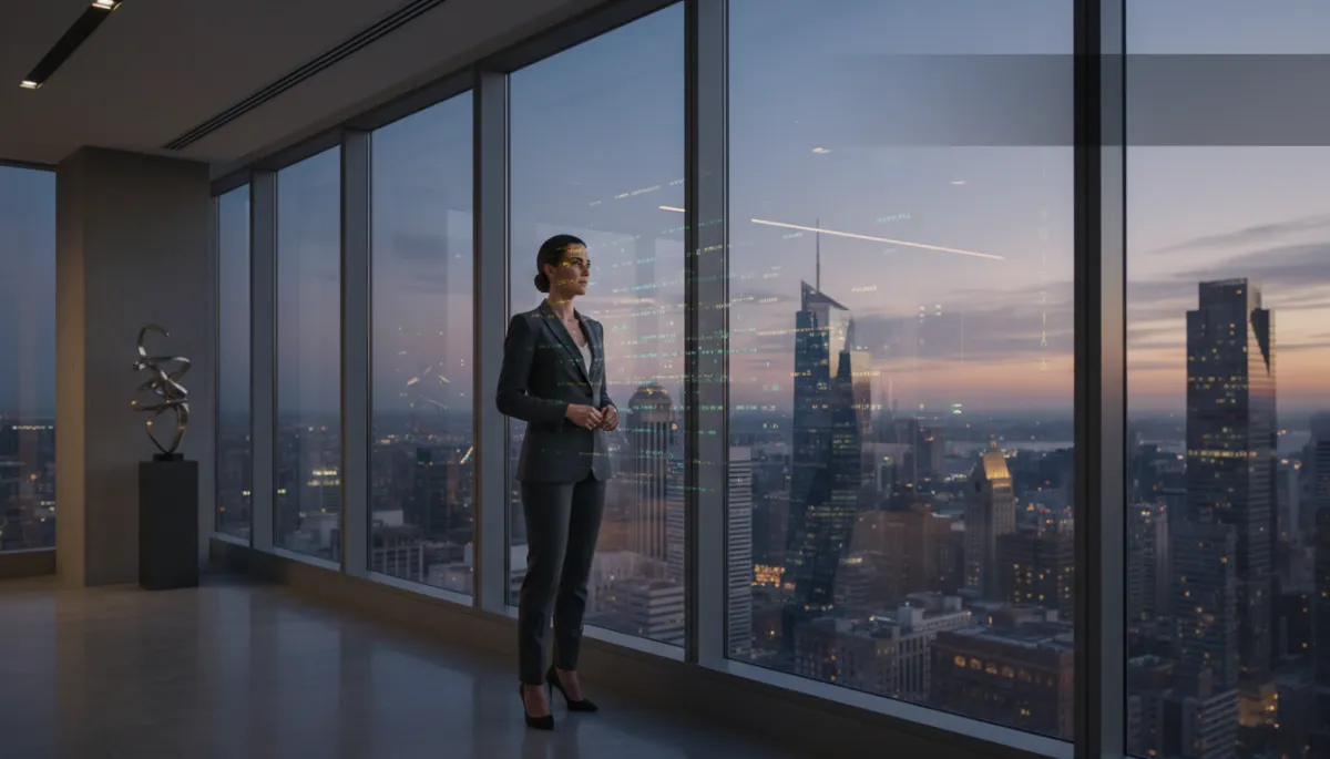 photorealistic, editorial shot of a founder standing alone in a high-rise office at dusk, city skyline and financial tickers reflected in the glass, neutral color palette, subtle overlay text space