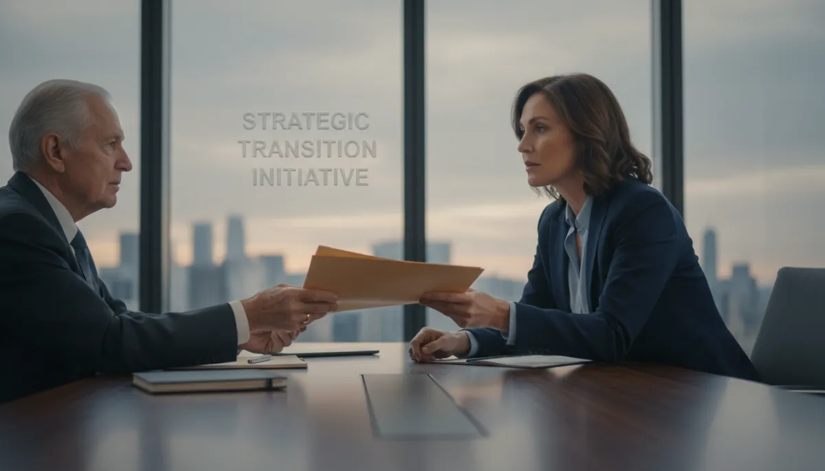 photorealistic neutral-toned scene of an elderly billionaire in a simple office handing a thick folder across a conference table to a focused middle-aged successor, city skyline softly blurred in the background, subtle text overlay on glass wall