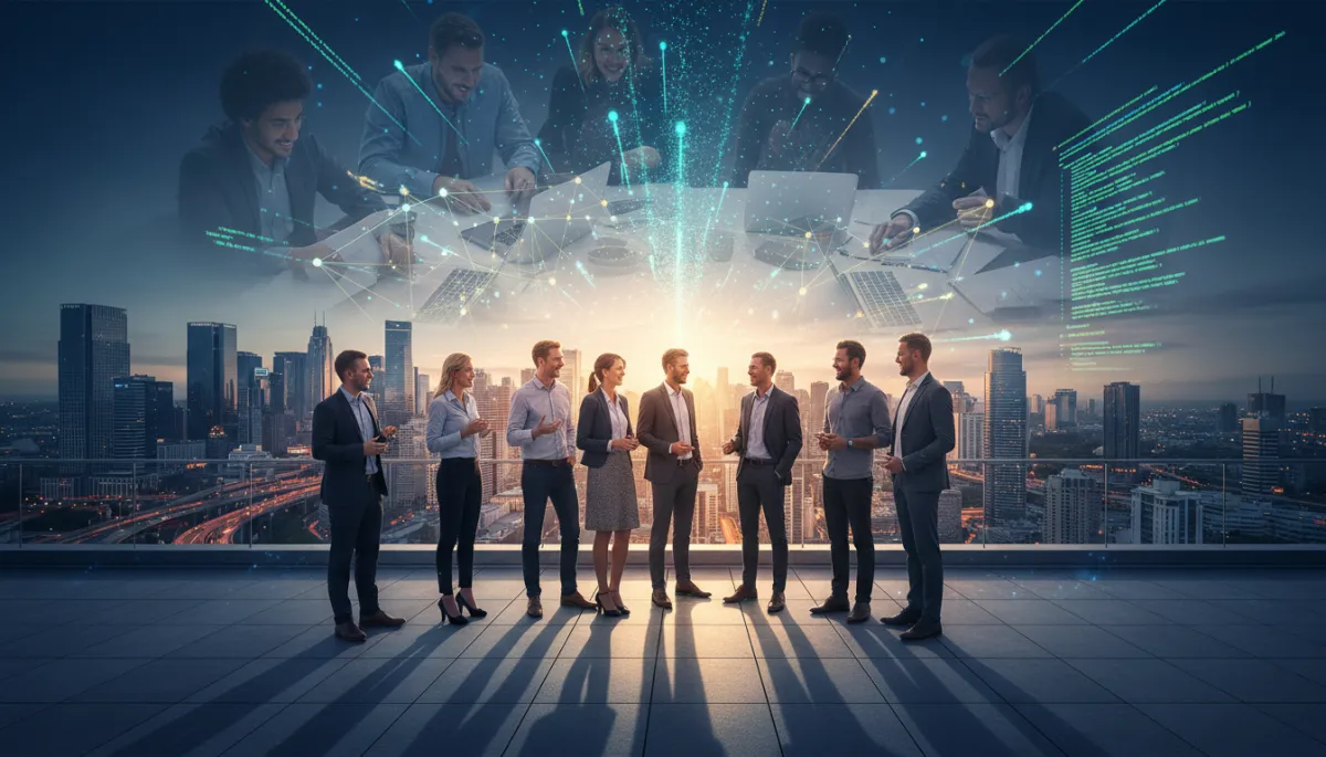 photorealistic scene of diverse tech founders standing on a rooftop overlooking a modern city at dusk, digital data streams and network connections floating above them, subtle golden light hinting at wealth, with a transparent overlay of people collaborating on laptops around an open-source code repository