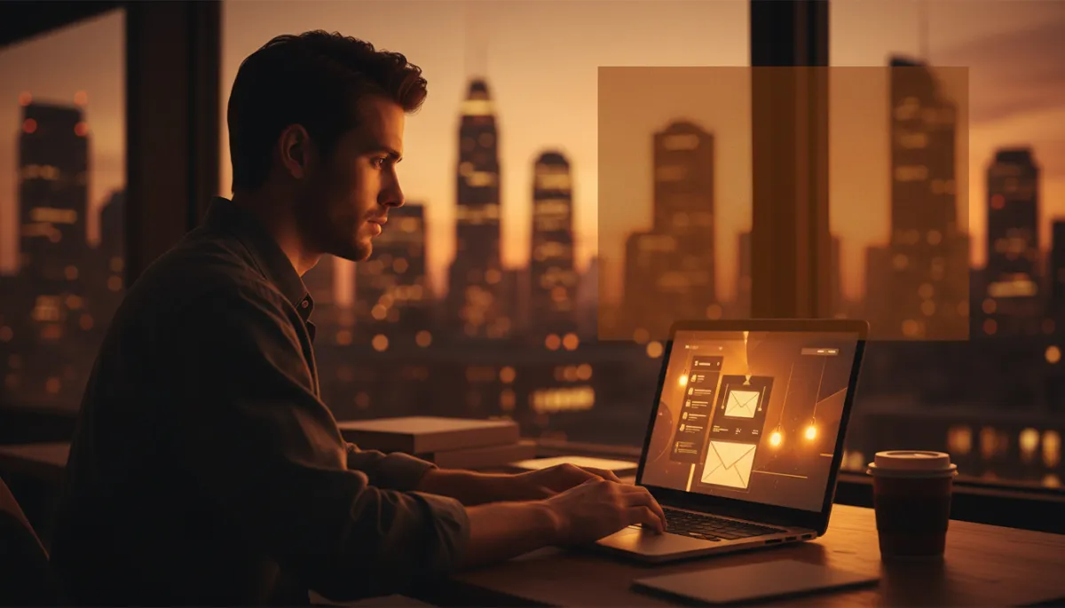 FOUNDED magazine style, amber tones, young startup founder at laptop in dimly lit workspace, email dashboard glowing on screen, city skyline at dusk in background, bold headline area for text overlay
