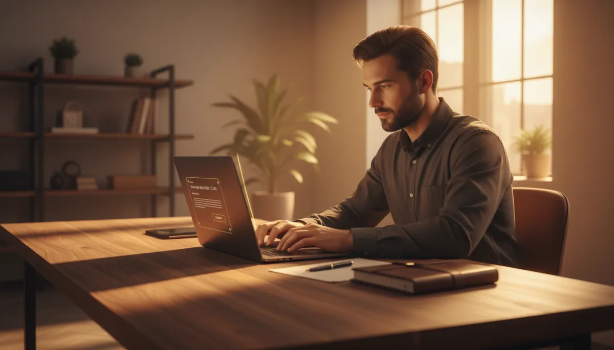 professional editorial-style photo of a startup founder at a laptop in a warm amber office, crafting a follow up email after a sales call, subtle #92400e accents on screen and stationery
