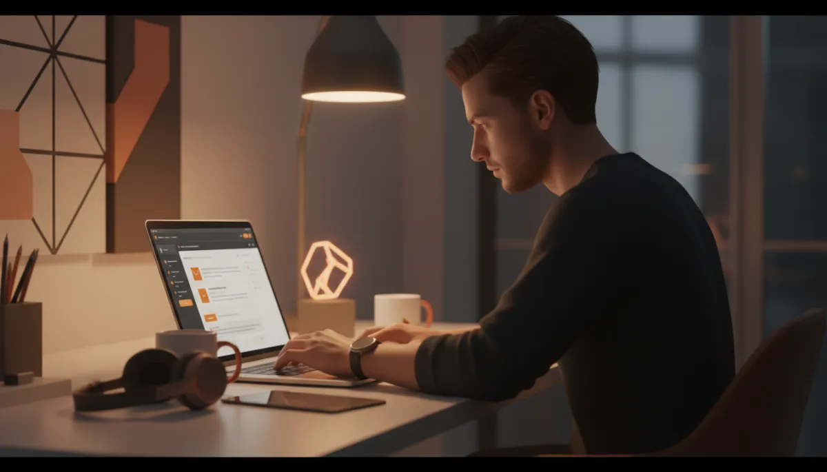 professional photorealistic scene of a startup founder at a laptop drafting cold emails, warm office lighting, subtle #92400e accents on screen UI and decor, focused late-night work atmosphere