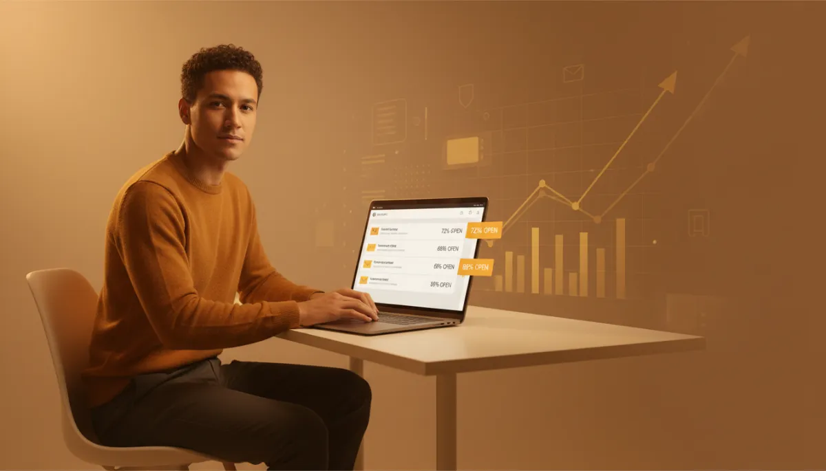 FOUNDED style, amber color palette, confident founder at laptop in warm modern workspace, screen showing email inbox with highlighted subject lines and high open-rate metrics, subtle graphs in background
