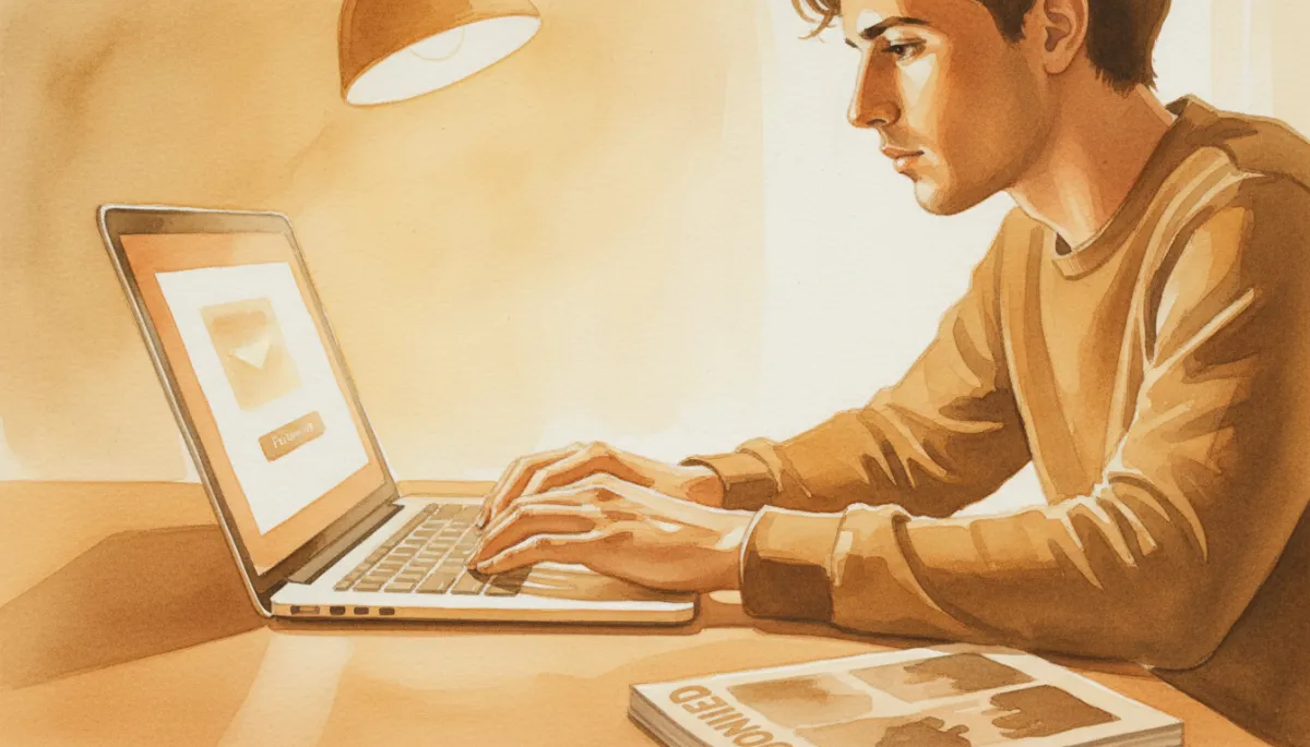 professional amber-toned close-up of a startup founder at a laptop crafting a follow-up email, warm office lighting, subtle FOUNDED magazine on desk, minimalistic professional style