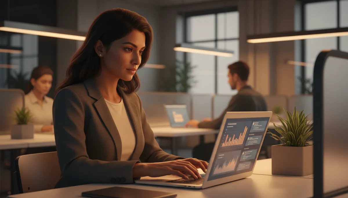 professional photorealistic scene of a startup founder at a laptop drafting sales follow-up emails, warm amber accent lighting, subtle charts and email threads on screen, modern office setting