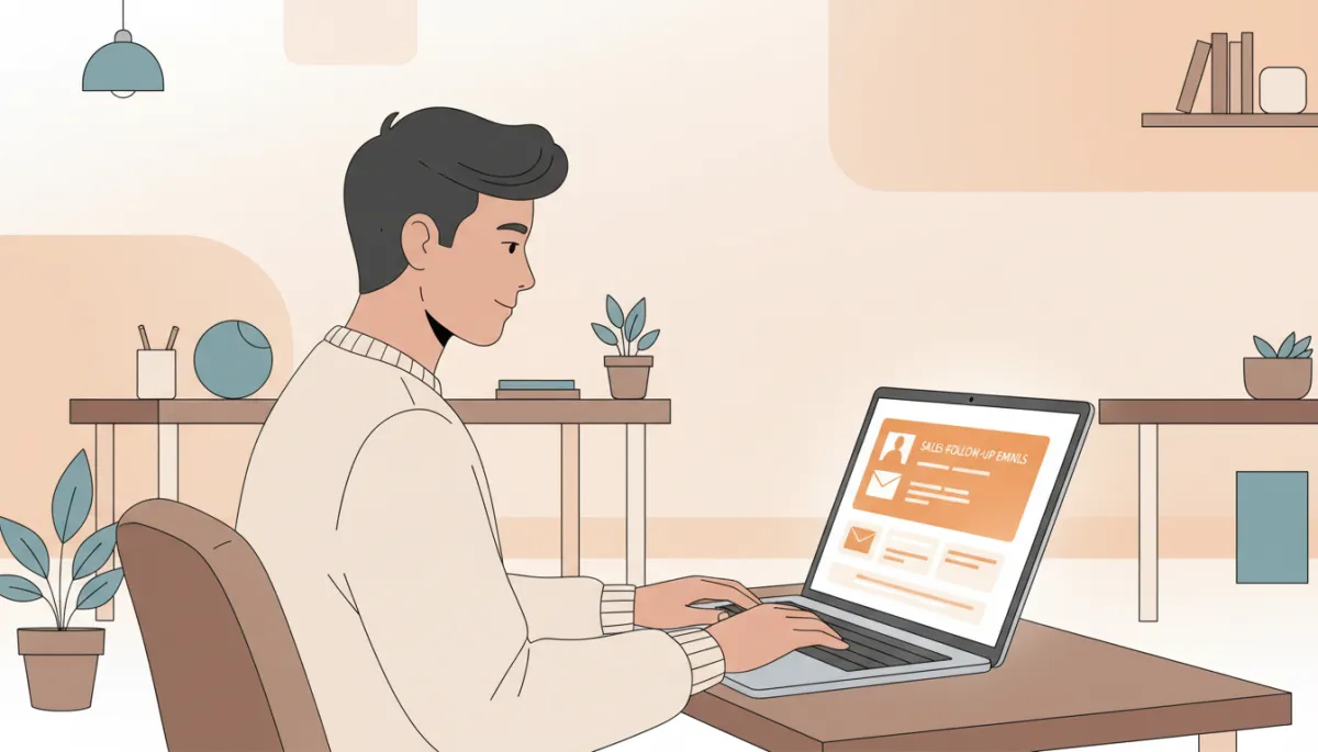 professional photorealistic scene of a founder at a laptop reviewing sales follow-up emails in an amber-accented CRM dashboard, soft office lighting, calm focused mood