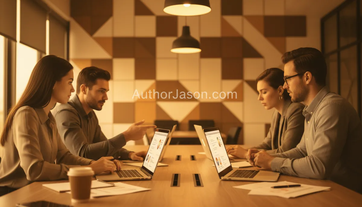 professional amber-toned startup sales team reviewing follow-up email sequences on laptops in modern office, subtle AuthorJason.com branding on wall