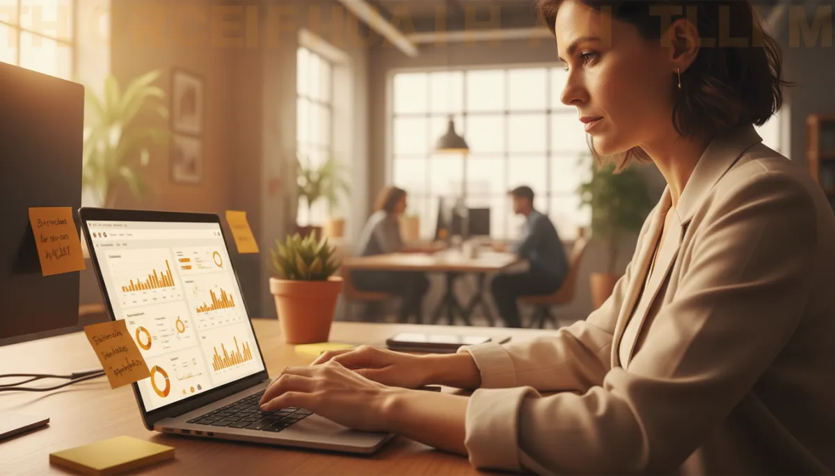 professional photorealistic scene of a founder at a laptop crafting follow-up sales emails, warm amber accents on screen charts and sticky notes, subtle office background blur, text overlay in amber
