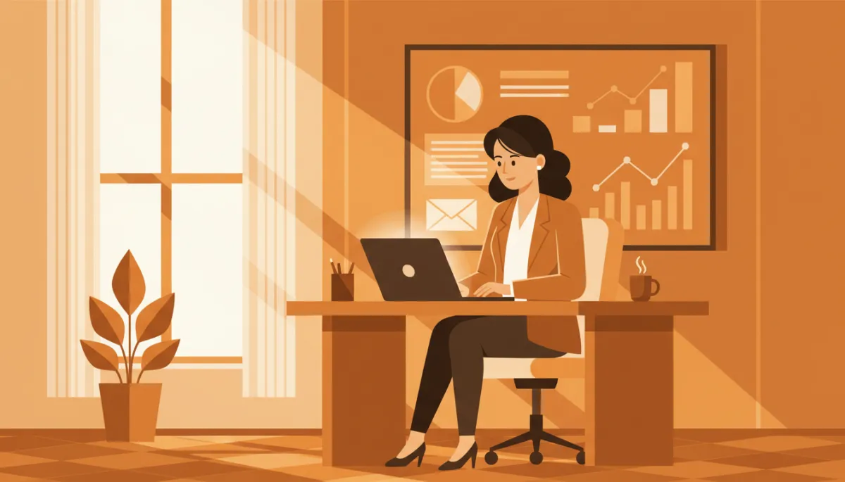 professional photorealistic scene of a female founder at a laptop drafting an introduction email in a modern amber-accented office, soft morning light, subtle charts on a wall screen