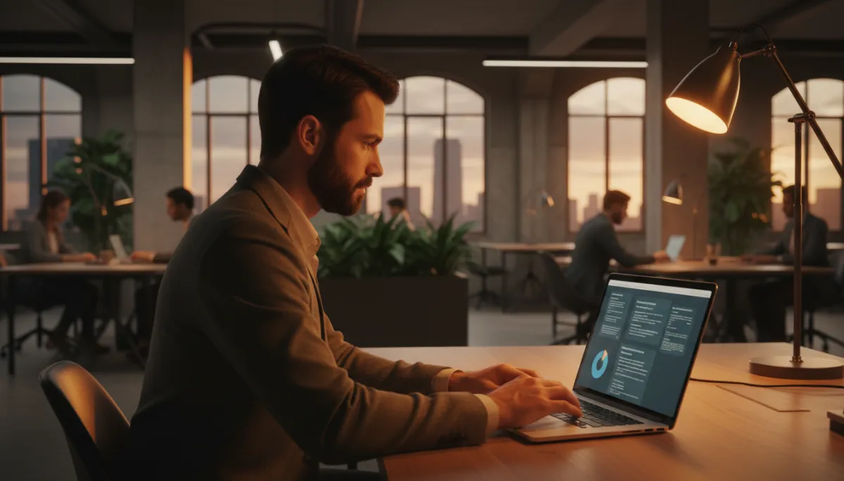 professional photorealistic scene of a focused startup founder at a laptop drafting outreach emails, warm amber accent lighting, subtle charts and email threads on screen, modern co-working space in background
