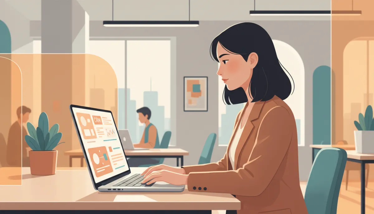 professional photorealistic scene of a female startup founder at a laptop drafting cold outreach emails in a modern amber-accented coworking space, soft natural light, subtle charts and CRM on screen