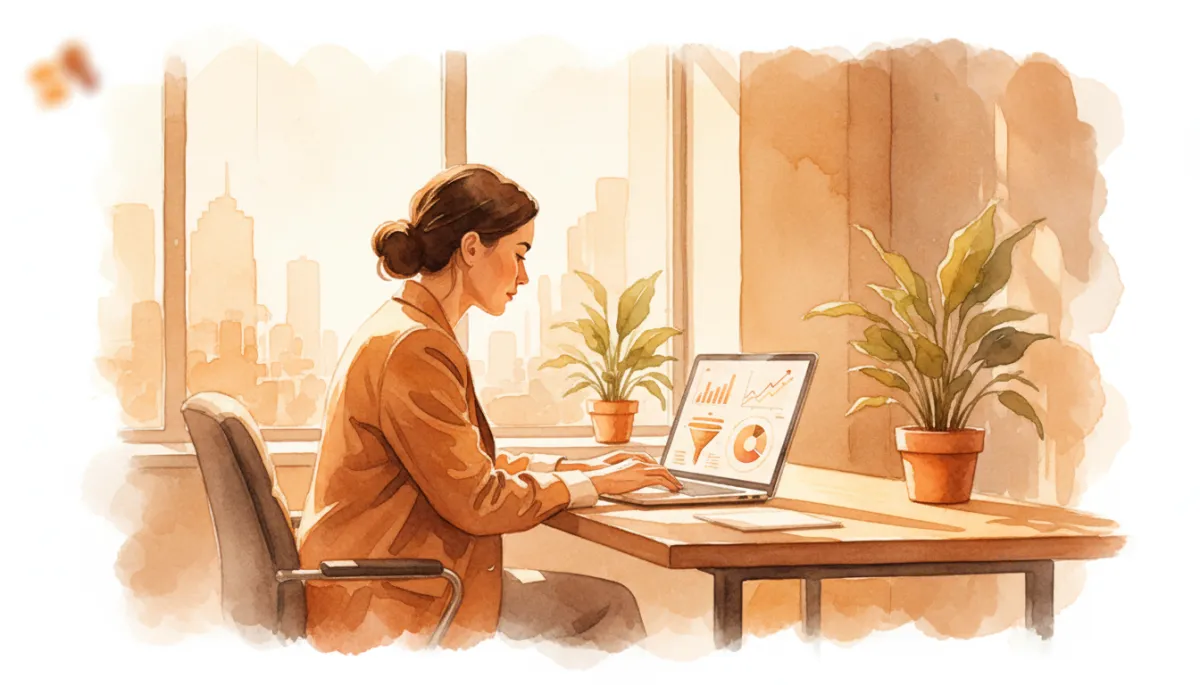 professional amber-toned scene of a founder reviewing B2B email performance dashboards on a laptop in a modern office, subtle graphs and funnel metrics on screen, soft side lighting, clean composition