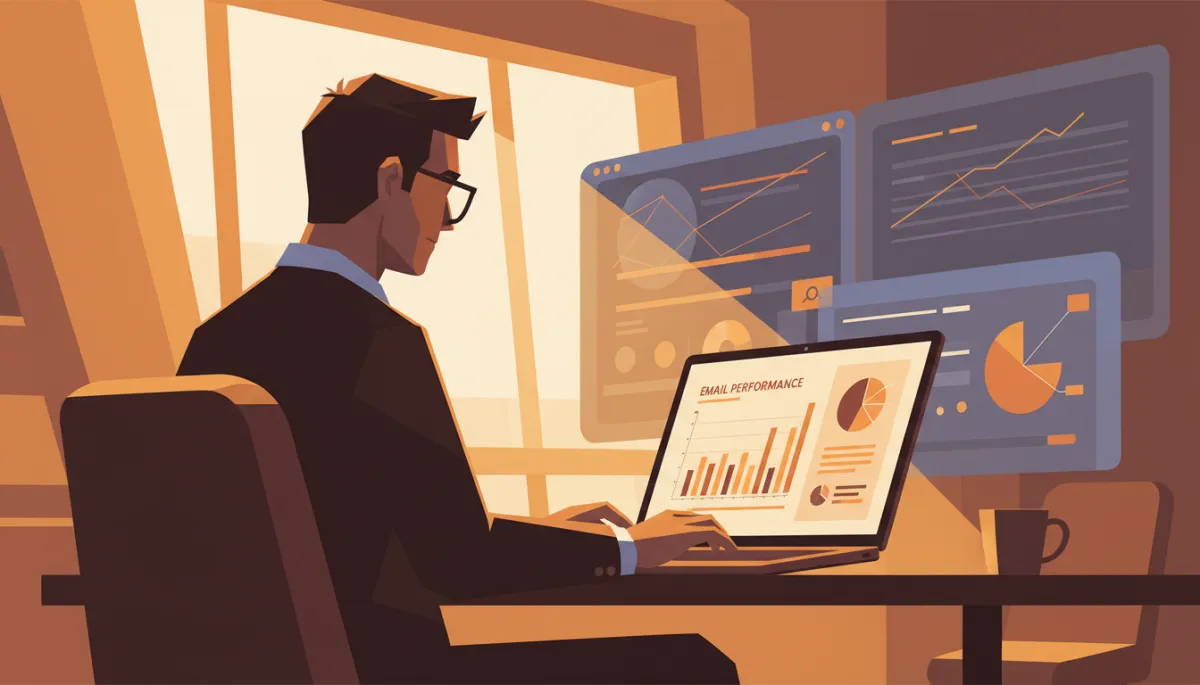 professional photorealistic scene of a focused founder reviewing email performance dashboards on a laptop in a modern amber-accented office, subtle graphs and CRM screens in the background, warm directional lighting