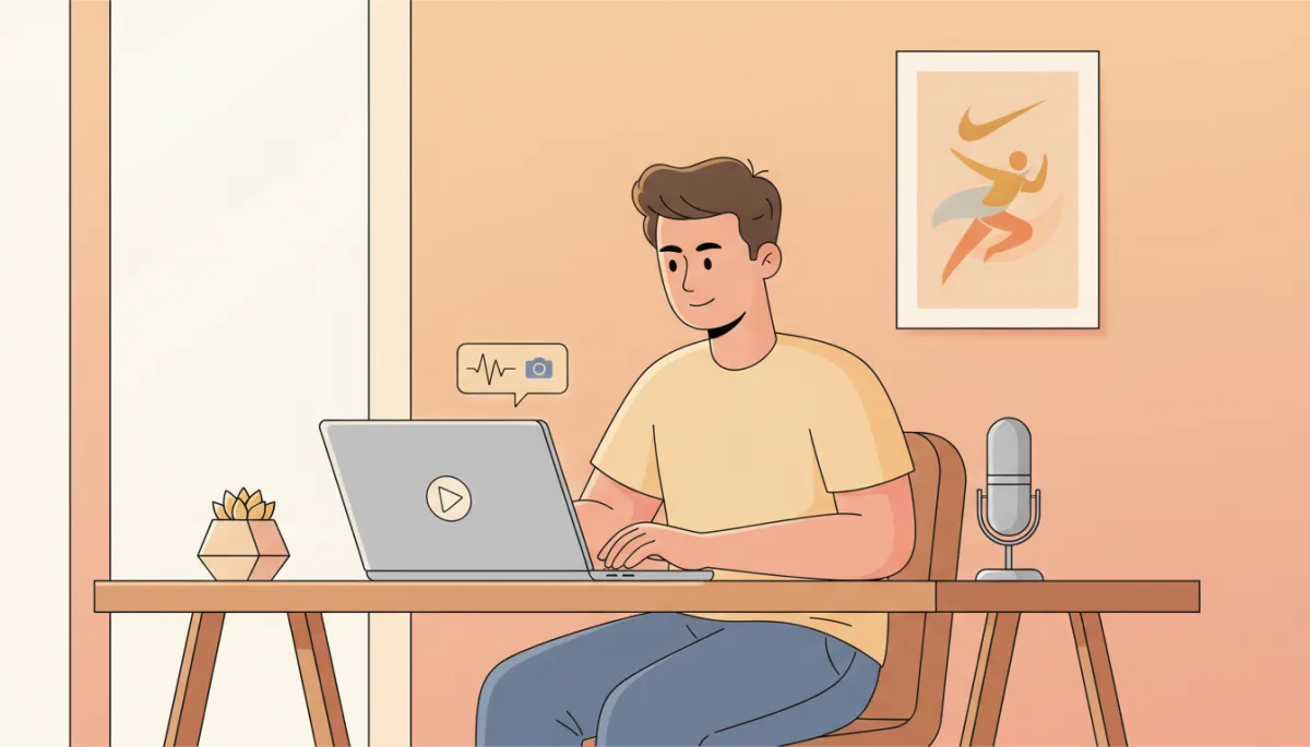 professional photorealistic scene of a founder recording a video email on a laptop in a modern office, warm amber lighting, subtle Nike poster on the wall hinting at visual storytelling inspiration, clean background with minimal clutter