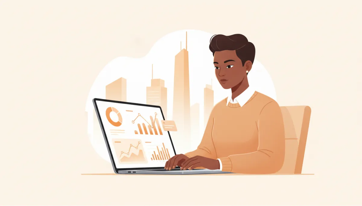 professional photorealistic scene of a founder at a laptop reviewing email analytics dashboard with amber accent charts, soft office lighting, subtle Salesforce-style skyscrapers in background, clean minimal layout