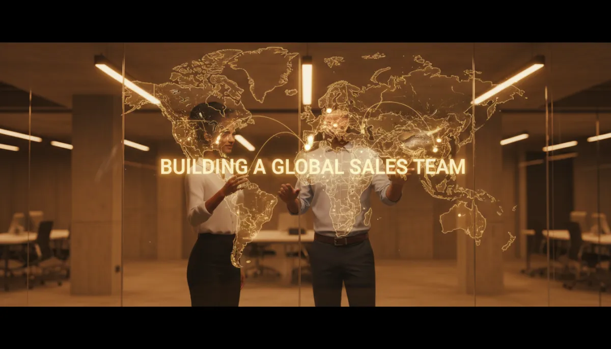 professional style, amber color palette, female and male founders reviewing a city-by-city sales expansion map on a glass wall, overlay text about building a startup sales team, modern startup office with warm lighting