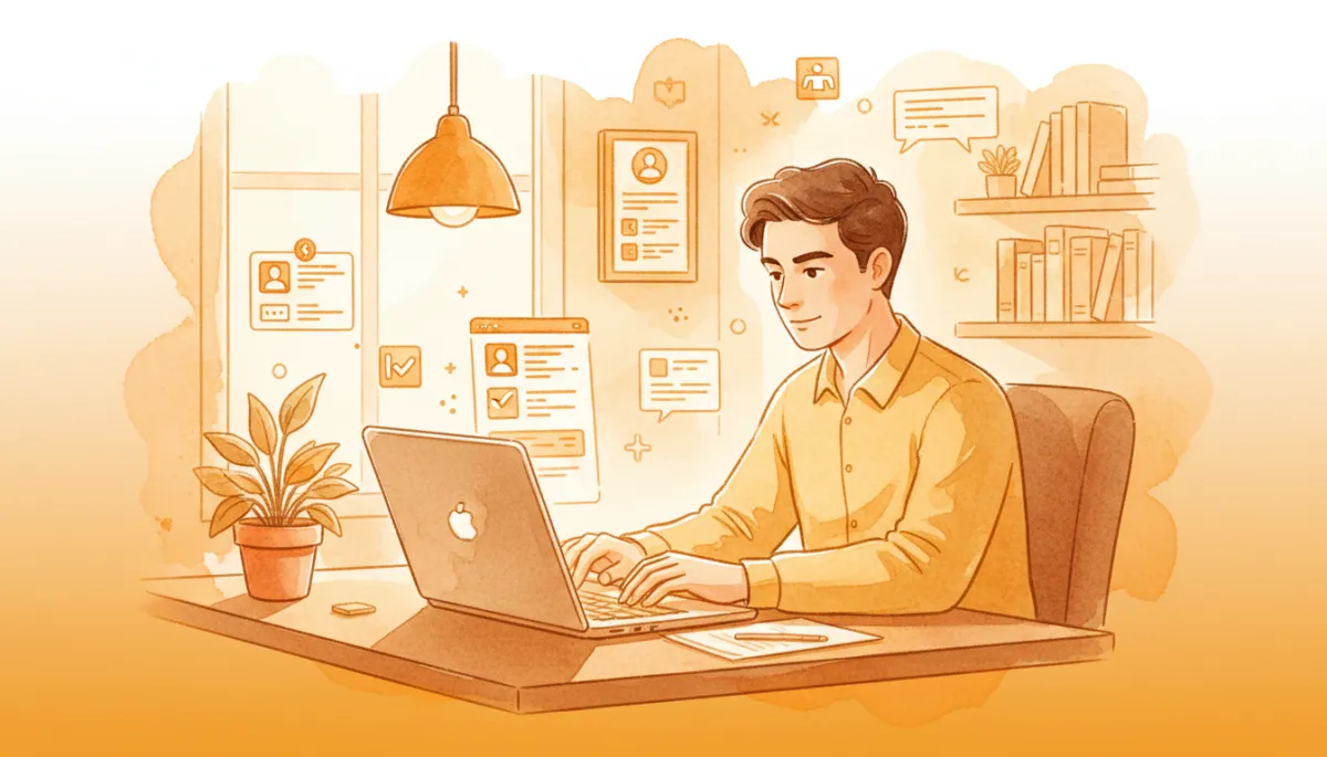 professional photorealistic scene of a founder at a laptop crafting follow up messages, warm amber accents on screen UI and office lighting, subtle LinkedIn-style interface elements in background