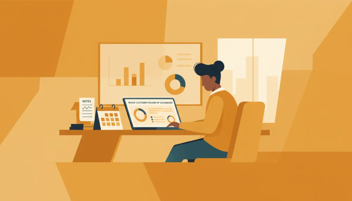 professional photorealistic scene of a founder in an amber-accented office reviewing a 90-day customer follow-up dashboard on a laptop, notes and calendar on the desk, subtle charts on a wall screen