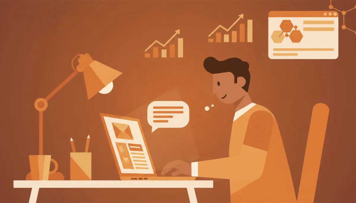 professional photorealistic scene of a founder at a laptop drafting a thoughtful client follow up email, warm amber accents on screen and desk accessories, subtle charts and CRM dashboard in background, calm focused mood