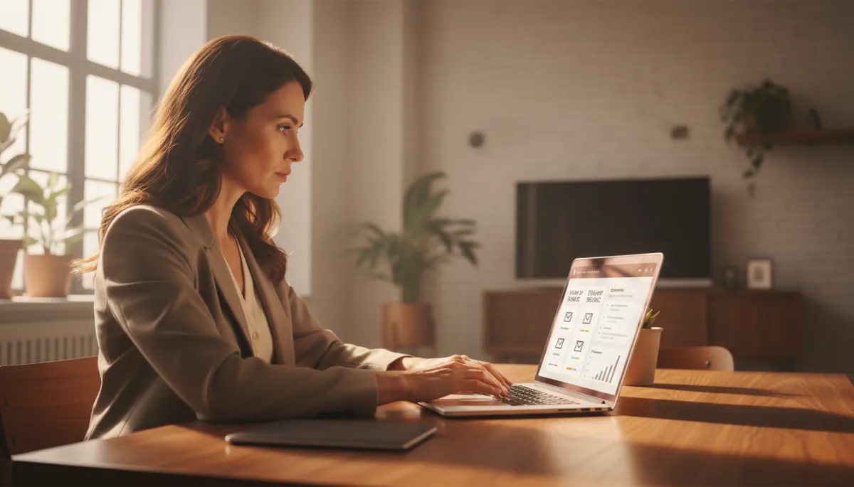 professional amber-toned scene of a founder at a laptop reviewing a three-email follow-up sequence dashboard after a webinar, subtle charts and open inbox on screen, clean startup office background