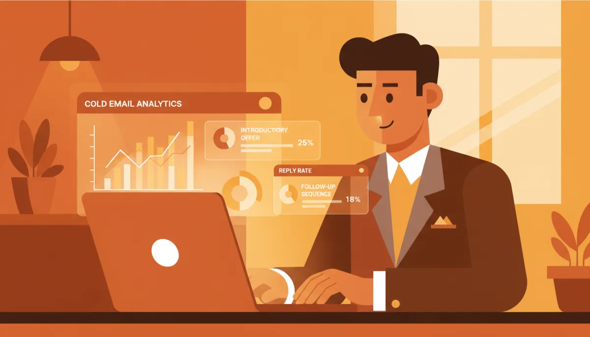 professional photorealistic scene of a founder at a laptop reviewing a cold email dashboard with amber-accented charts and metrics, subtle overlays showing subject lines and reply rates, warm office lighting