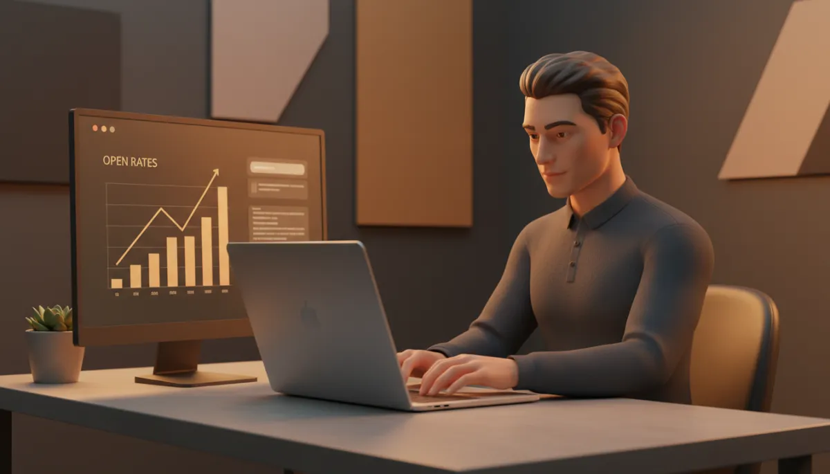 professional photorealistic scene of a startup founder at a laptop drafting cold outreach email, amber accent lighting, subtle charts on a second monitor showing rising open rates, minimalist office