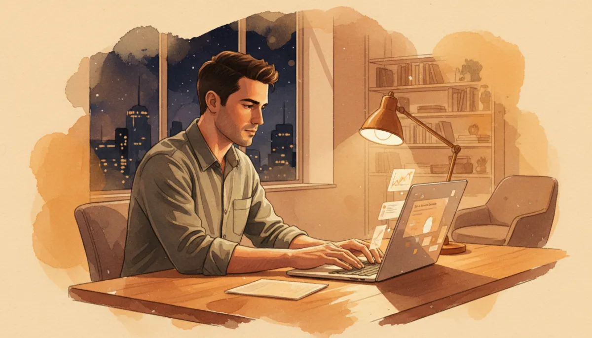 professional photorealistic scene of a startup founder at a laptop crafting prospecting emails at night, warm amber accent lighting, subtle graphs and email interface on screen, modern office