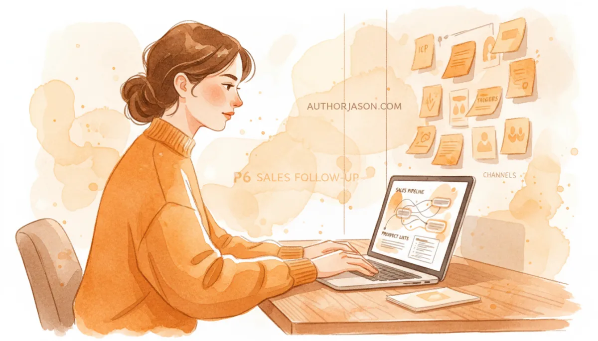 professional photorealistic scene of a focused startup founder at a laptop in an amber-accented modern workspace, sales pipeline and prospect lists on screen, sticky notes on wall showing ICP, triggers, and channels, subtle AuthorJason.com and P6 Sales Follow-Up references in background