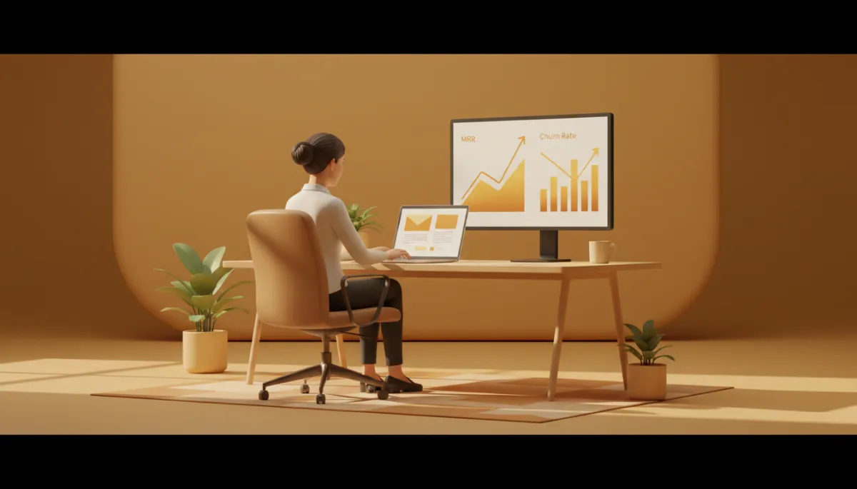 professional amber-toned workspace with a female SaaS founder reviewing an onboarding email sequence on a laptop, charts of MRR and churn on a nearby monitor, soft natural light, clean minimalist office