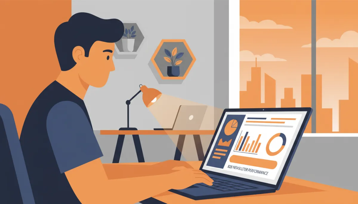 professional photorealistic scene of a founder at a laptop reviewing a B2B newsletter performance dashboard, warm amber accent lighting, subtle charts on screen, modern office background