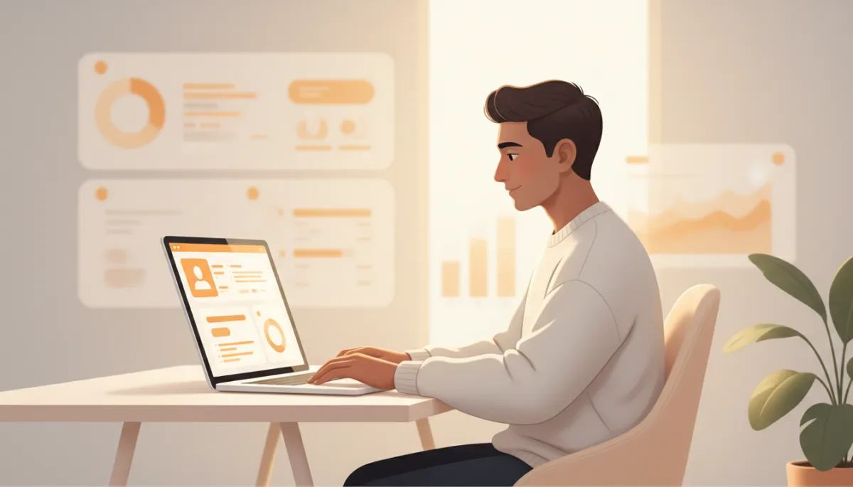 professional photorealistic scene of a startup founder at a laptop reviewing an amber-accented CRM dashboard with follow-up tasks and timelines, soft warm lighting, modern office, subtle charts in the background