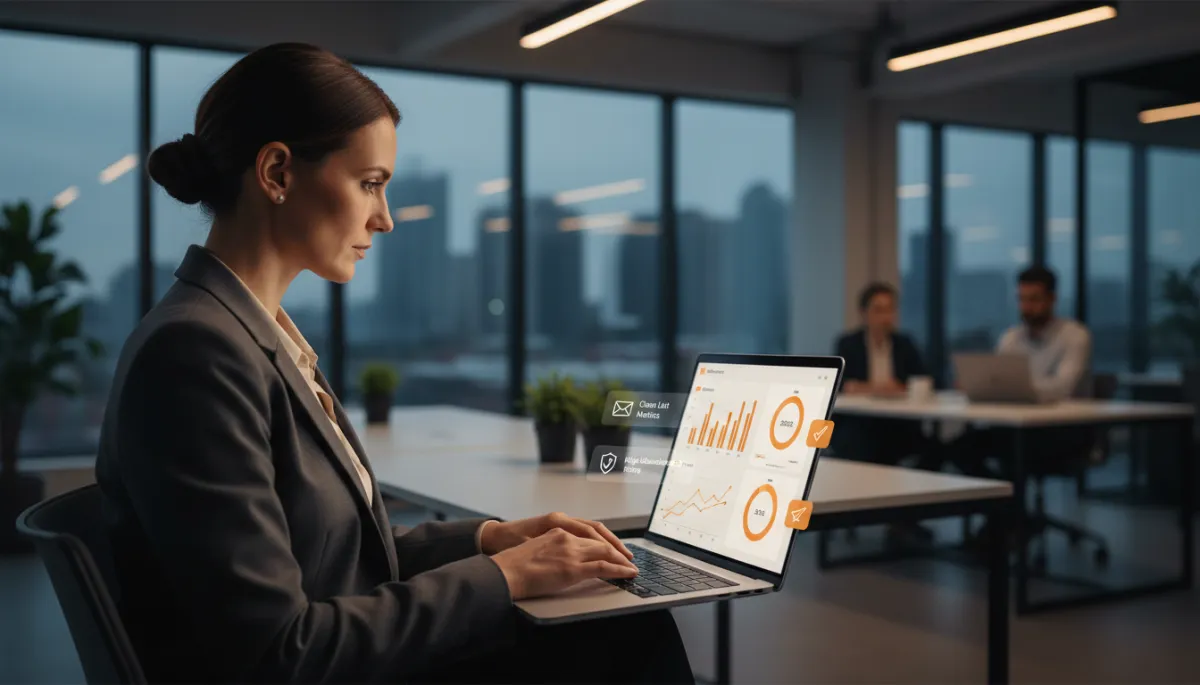 professional photorealistic scene of a founder in a modern office reviewing an email analytics dashboard on a laptop, warm amber accents on charts and UI elements, subtle reference to clean list metrics and high deliverability rates