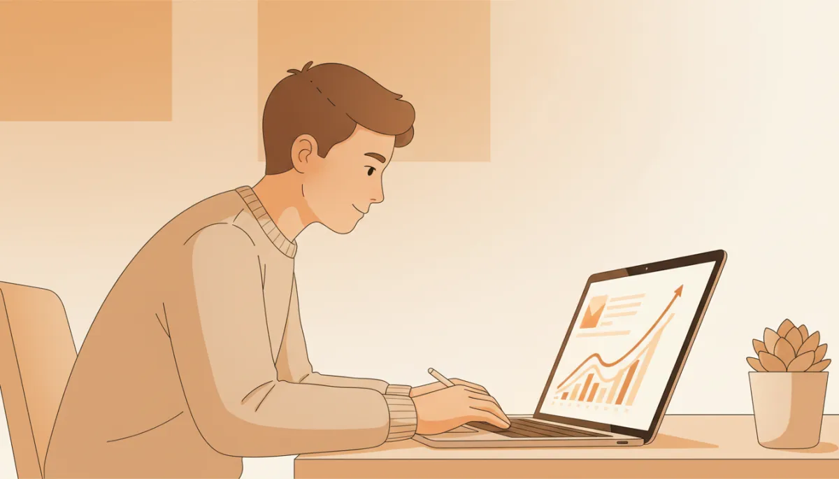 professional photorealistic scene of a focused startup founder reviewing an email growth dashboard on a laptop, warm amber accent lighting, minimalist office, subtle charts rising upward on screen