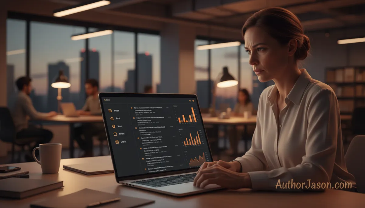 professional photorealistic scene of a founder at a laptop reviewing a clean email dashboard with amber accent charts and plaintext emails on screen, evening office lighting, focused expression, subtle AuthorJason.com branding in corner