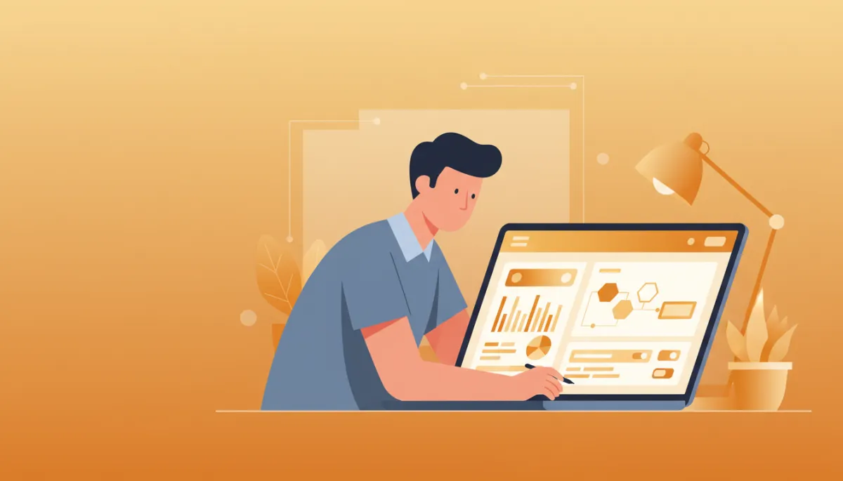 professional photorealistic scene of a startup founder at a laptop reviewing an amber-themed email automation dashboard, charts and sequences visible on screen, warm office lighting, subtle amber accents on UI and decor