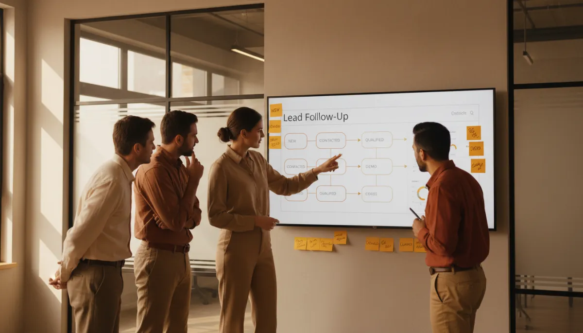 professional photorealistic amber-toned startup sales team in a modern office, reviewing a structured lead follow up dashboard on a large wall screen, sticky notes and pipeline stages visible, calm focused atmosphere