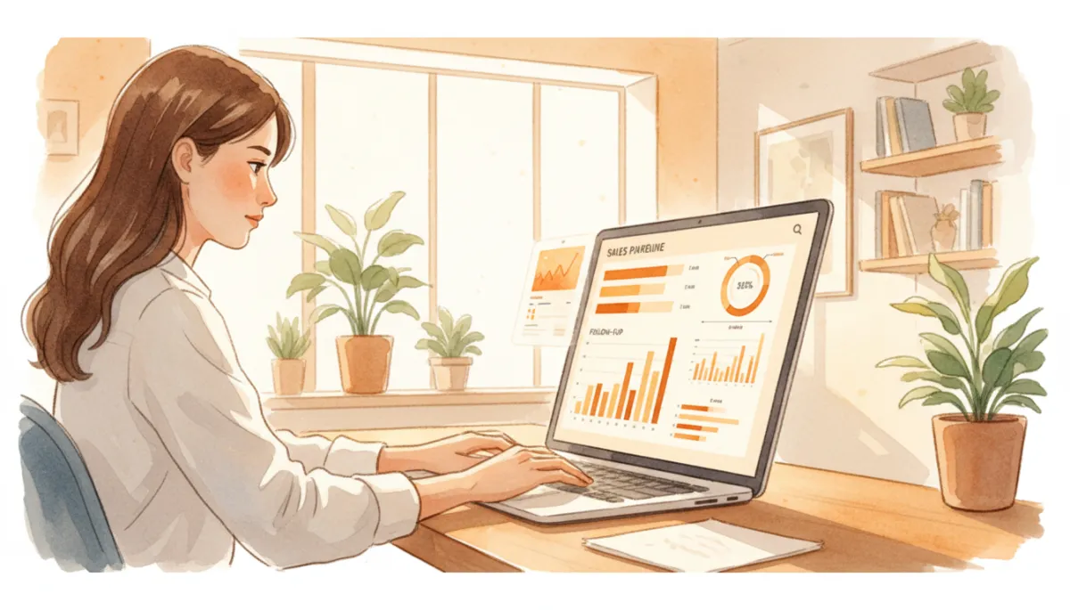 professional photorealistic scene of a founder reviewing a structured sales pipeline and follow-up dashboard on a laptop, warm amber accents on charts and interface, calm office environment with soft natural light