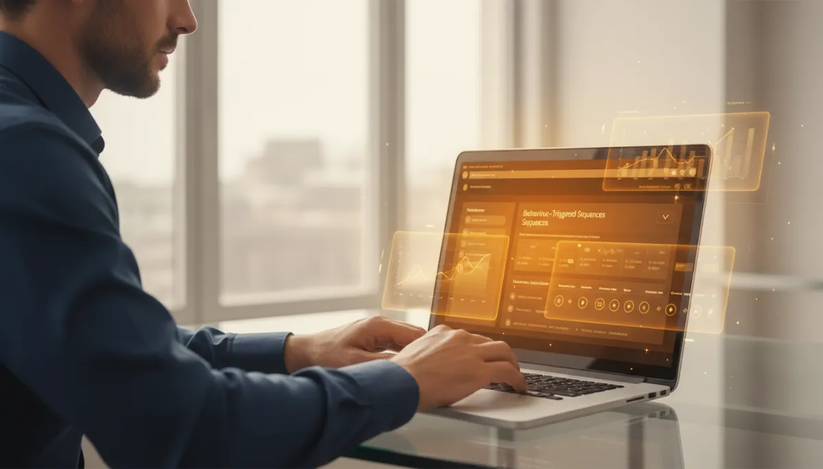professional photorealistic scene of a founder at a laptop reviewing an amber-accented CRM dashboard with behaviour-triggered sequences, overlaid with subtle charts and timelines
