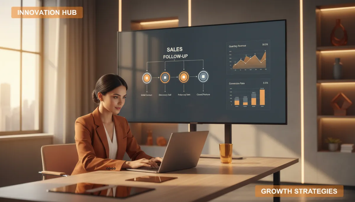 professional photorealistic scene of a founder at a laptop in a modern amber-accented office, digital whiteboard behind them showing a 5-stage sales follow-up workflow and metrics dashboards, subtle overlays for title and subtitle in amber tones
