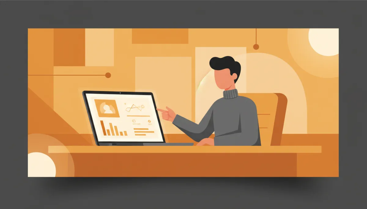professional photorealistic scene of a founder reviewing an email analytics dashboard on a laptop in a modern amber-accented office, subtle graphs showing open and reply rates, warm lighting