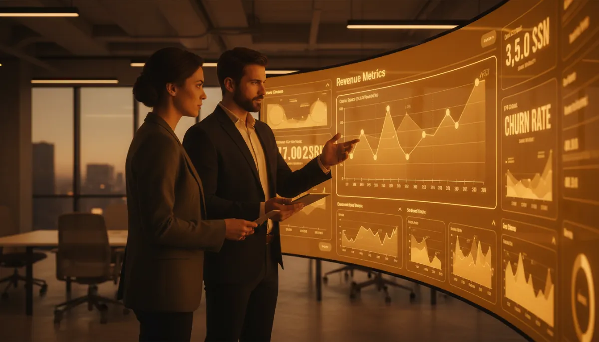 professional photorealistic scene of a female SaaS founder and a quantitative analyst reviewing an amber-themed B2B email dashboard with charts, cohort curves, and revenue metrics on large screens, modern office lighting, subtle amber accents throughout