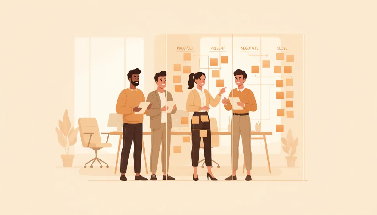 professional photorealistic scene of a startup founder and small sales team standing around a glass wall covered in amber-colored sticky notes and a clearly mapped sales workflow from Prospect to Close, warm office lighting, subtle amber accent highlights