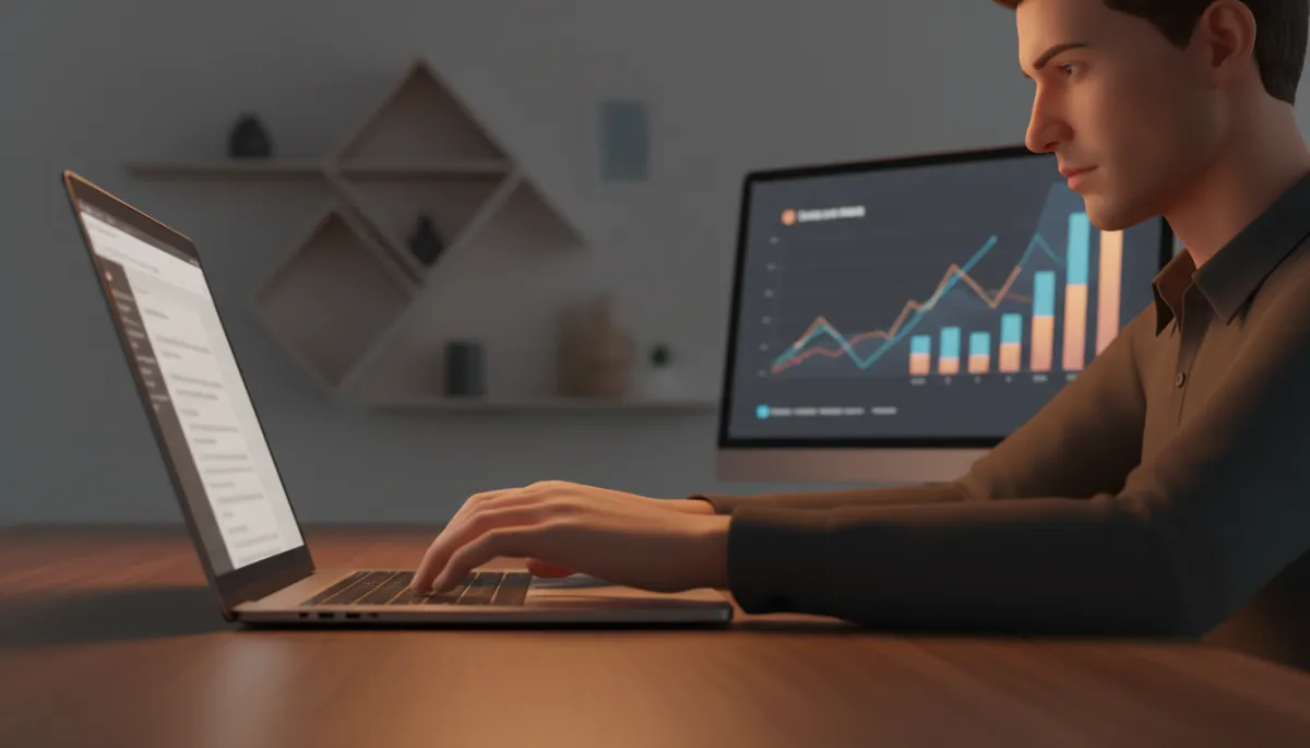 professional photorealistic scene of a startup founder at a laptop drafting a cold email, amber accent lighting, minimal office background, subtle charts on a second monitor