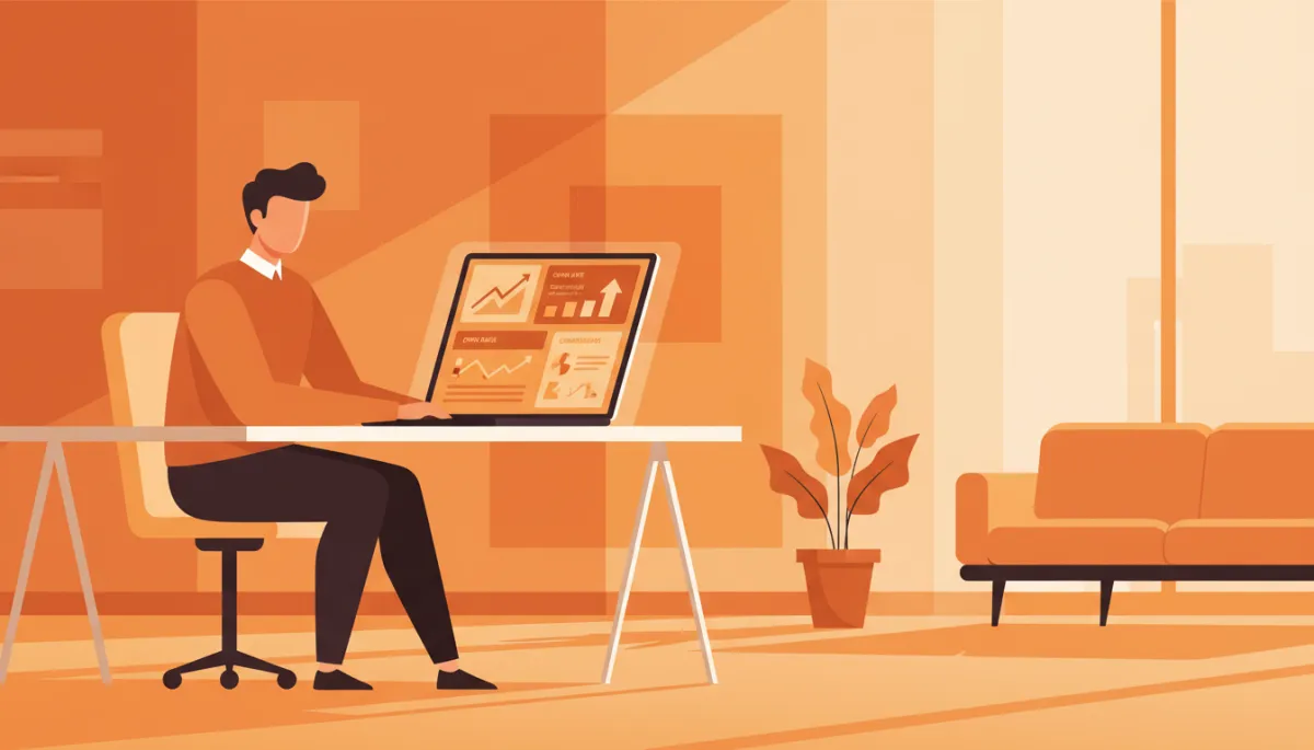 professional amber-toned scene of a startup founder at laptop reviewing cold email campaign analytics dashboard in a modern office, subtle charts and KPIs on screen, warm lighting
