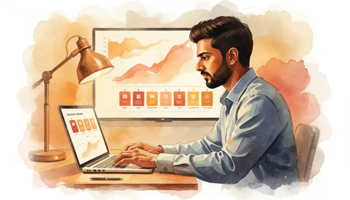 professional photorealistic scene of a startup founder at a laptop reviewing a structured 7-step cold email sequence dashboard, warm amber accent lighting, subtle charts on a large screen in the background