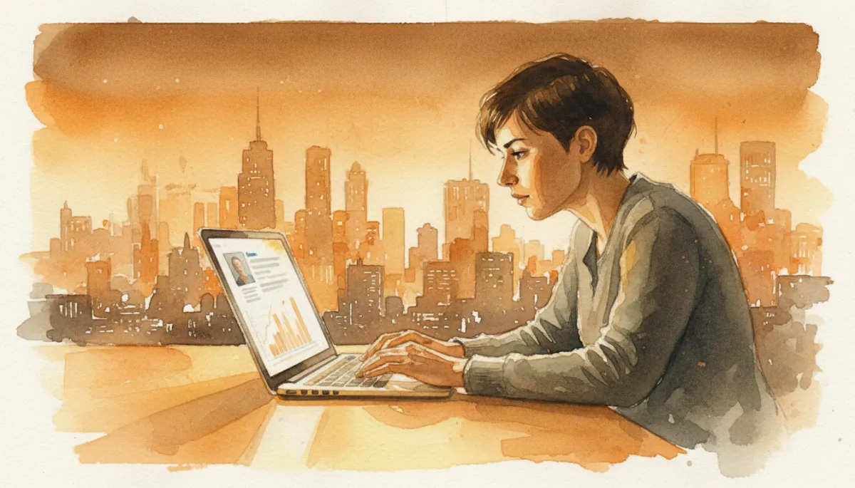 professional photorealistic scene of a focused startup founder at a laptop crafting a message, warm amber highlights on the desk, subtle charts and LinkedIn profile on screen, evening city skyline in background