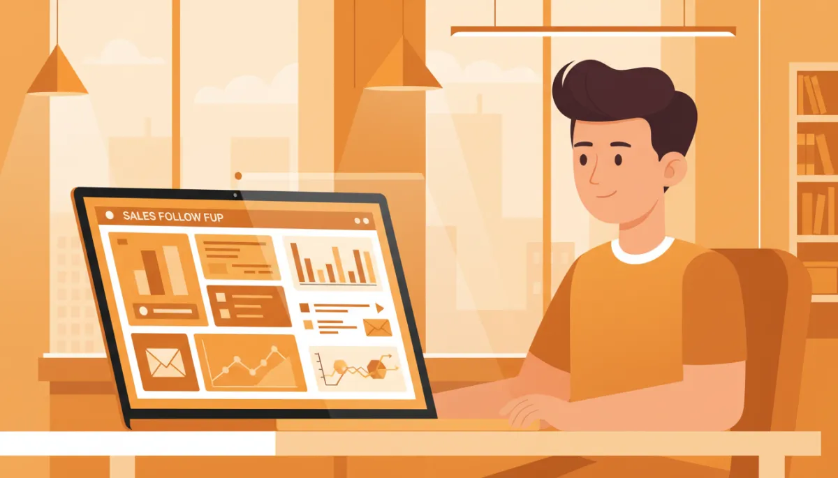 professional photorealistic scene of a startup founder reviewing a structured sales follow-up dashboard on a laptop in a modern office, warm amber accent lighting, subtle charts and email timelines on screen, calm focused expression